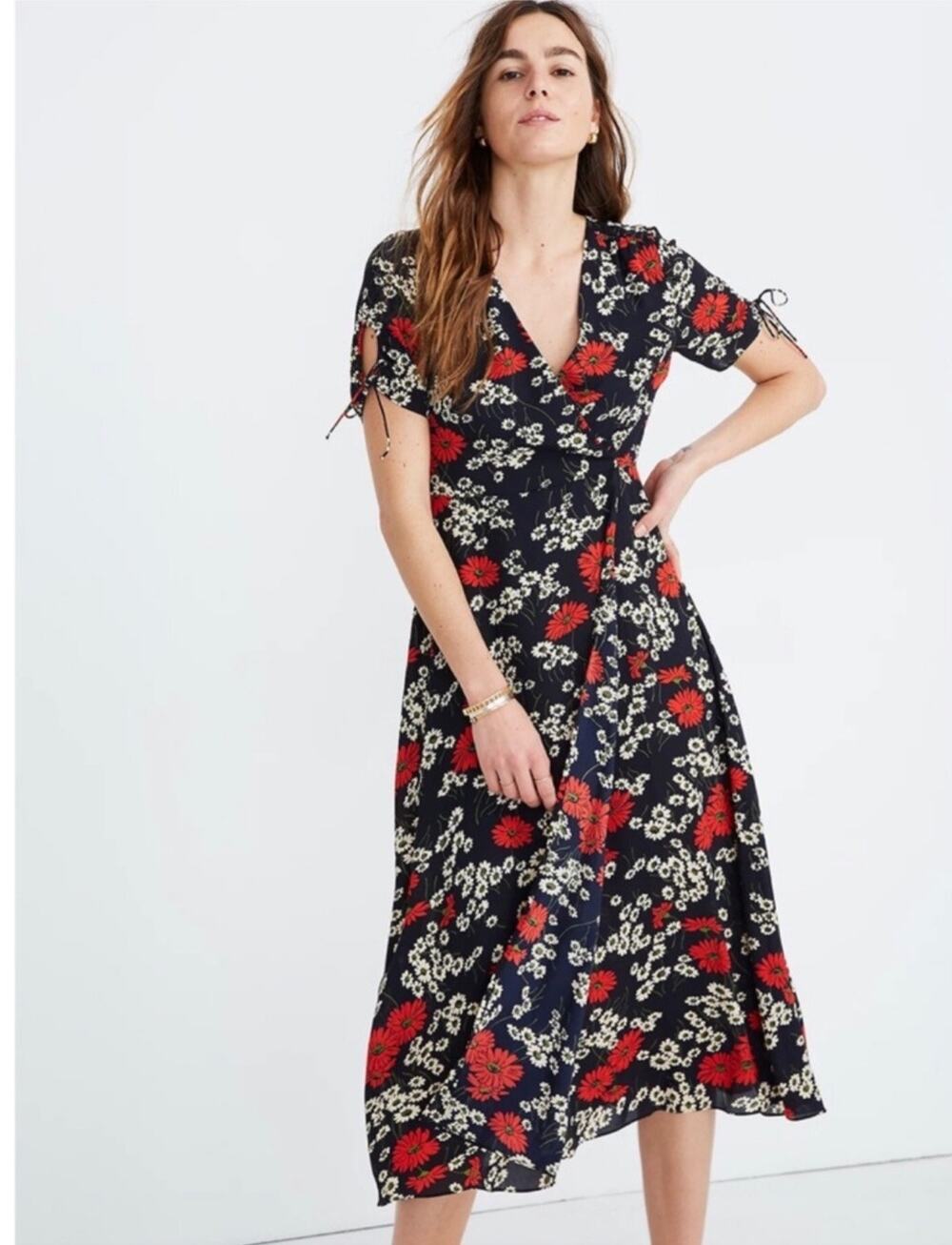 Madewell Hillside Daisies black and red midi wrap dress SZ 4 romantic summer